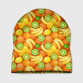Шапка 3D с принтом Апельсины, бананы, киви, лимоны в Тюмени, 100% полиэстер | универсальный размер, печать по всей поверхности изделия | Тематика изображения на принте: 