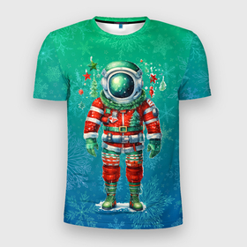 Мужская футболка 3D Slim с принтом Новогодний космонавт в Петрозаводске, 100% полиэстер с улучшенными характеристиками | приталенный силуэт, круглая горловина, широкие плечи, сужается к линии бедра | 