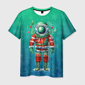 Мужская футболка 3D с принтом Новогодний космонавт в Петрозаводске, 100% полиэфир | прямой крой, круглый вырез горловины, длина до линии бедер | 