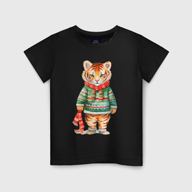 Детская футболка хлопок с принтом Тигр в новогоднем свитере в Екатеринбурге, 100% хлопок | круглый вырез горловины, полуприлегающий силуэт, длина до линии бедер | 