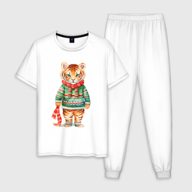 Мужская пижама хлопок с принтом Тигр в новогоднем свитере в Кировске, 100% хлопок | брюки и футболка прямого кроя, без карманов, на брюках мягкая резинка на поясе и по низу штанин
 | 
