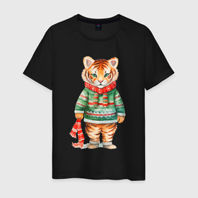 Мужская футболка хлопок с принтом Тигр в новогоднем свитере в Курске, 100% хлопок | прямой крой, круглый вырез горловины, длина до линии бедер, слегка спущенное плечо. | 