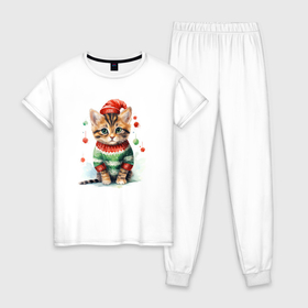 Женская пижама хлопок с принтом Котёнок новогодний в Тюмени, 100% хлопок | брюки и футболка прямого кроя, без карманов, на брюках мягкая резинка на поясе и по низу штанин | 