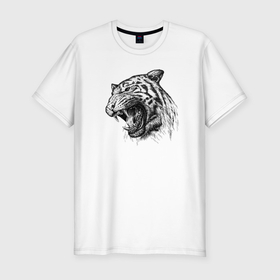 Мужская футболка хлопок Slim с принтом Тигр рычащий , 92% хлопок, 8% лайкра | приталенный силуэт, круглый вырез ворота, длина до линии бедра, короткий рукав | 