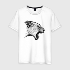 Мужская футболка хлопок с принтом Профиль рычащей львицы в Санкт-Петербурге, 100% хлопок | прямой крой, круглый вырез горловины, длина до линии бедер, слегка спущенное плечо. | Тематика изображения на принте: 