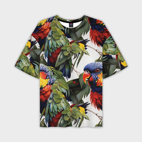 Мужская футболка oversize 3D с принтом Яркие попугаи в Курске,  |  | Тематика изображения на принте: 