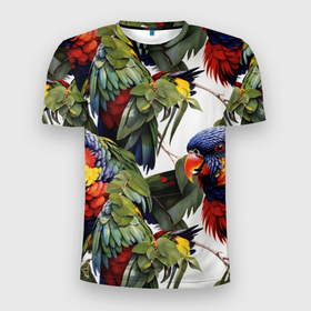 Мужская футболка 3D Slim с принтом Яркие попугаи в Курске, 100% полиэстер с улучшенными характеристиками | приталенный силуэт, круглая горловина, широкие плечи, сужается к линии бедра | Тематика изображения на принте: 