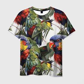 Мужская футболка 3D с принтом Яркие попугаи в Курске, 100% полиэфир | прямой крой, круглый вырез горловины, длина до линии бедер | Тематика изображения на принте: 
