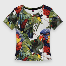Женская футболка 3D Slim с принтом Яркие попугаи в Екатеринбурге,  |  | 