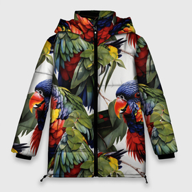Женская зимняя куртка Oversize с принтом Яркие попугаи в Новосибирске, верх — 100% полиэстер; подкладка — 100% полиэстер; утеплитель — 100% полиэстер | длина ниже бедра, силуэт Оверсайз. Есть воротник-стойка, отстегивающийся капюшон и ветрозащитная планка. 

Боковые карманы с листочкой на кнопках и внутренний карман на молнии | 