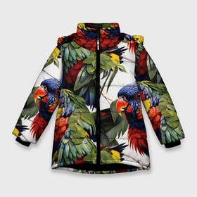 Зимняя куртка для девочек 3D с принтом Яркие попугаи в Новосибирске, ткань верха — 100% полиэстер; подклад — 100% полиэстер, утеплитель — 100% полиэстер. | длина ниже бедра, удлиненная спинка, воротник стойка и отстегивающийся капюшон. Есть боковые карманы с листочкой на кнопках, утяжки по низу изделия и внутренний карман на молнии. 

Предусмотрены светоотражающий принт на спинке, радужный светоотражающий элемент на пуллере молнии и на резинке для утяжки. | 