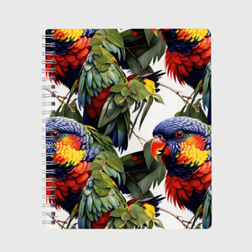 Тетрадь с принтом Яркие попугаи в Новосибирске, 100% бумага | 48 листов, плотность листов — 60 г/м2, плотность картонной обложки — 250 г/м2. Листы скреплены сбоку удобной пружинной спиралью. Уголки страниц и обложки скругленные. Цвет линий — светло-серый
 | 