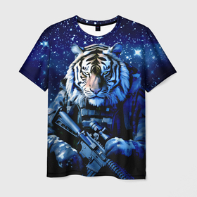 Мужская футболка 3D с принтом Тигр солдат снег и звезды в Санкт-Петербурге, 100% полиэфир | прямой крой, круглый вырез горловины, длина до линии бедер | 