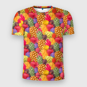 Мужская футболка 3D Slim с принтом Экзотические фрукты в Тюмени, 100% полиэстер с улучшенными характеристиками | приталенный силуэт, круглая горловина, широкие плечи, сужается к линии бедра | Тематика изображения на принте: 
