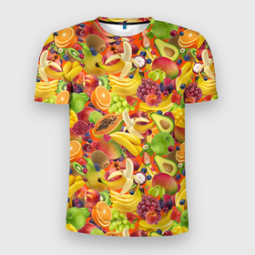 Мужская футболка 3D Slim с принтом Экзотические фрукты и ягоды в Тюмени, 100% полиэстер с улучшенными характеристиками | приталенный силуэт, круглая горловина, широкие плечи, сужается к линии бедра | Тематика изображения на принте: 