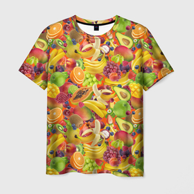 Мужская футболка 3D с принтом Экзотические фрукты и ягоды в Тюмени, 100% полиэфир | прямой крой, круглый вырез горловины, длина до линии бедер | Тематика изображения на принте: 