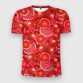 Мужская футболка 3D Slim с принтом Красные фрукты и ягоды в Тюмени, 100% полиэстер с улучшенными характеристиками | приталенный силуэт, круглая горловина, широкие плечи, сужается к линии бедра | Тематика изображения на принте: 