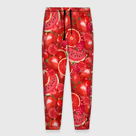 Мужские брюки 3D с принтом Красные фрукты и ягоды в Петрозаводске, 100% полиэстер | манжеты по низу, эластичный пояс регулируется шнурком, по бокам два кармана без застежек, внутренняя часть кармана из мелкой сетки | Тематика изображения на принте: 