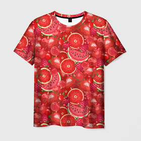 Мужская футболка 3D с принтом Красные фрукты и ягоды в Тюмени, 100% полиэфир | прямой крой, круглый вырез горловины, длина до линии бедер | 