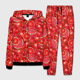 Мужской костюм 3D с принтом Красные фрукты и ягоды , 100% полиэстер | Манжеты и пояс оформлены тканевой резинкой, двухслойный капюшон со шнурком для регулировки, карманы спереди | 