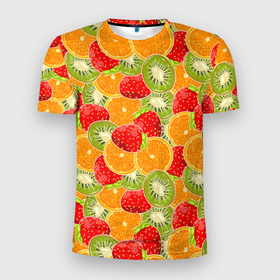 Мужская футболка 3D Slim с принтом Сочные фрукты и ягоды в Тюмени, 100% полиэстер с улучшенными характеристиками | приталенный силуэт, круглая горловина, широкие плечи, сужается к линии бедра | 