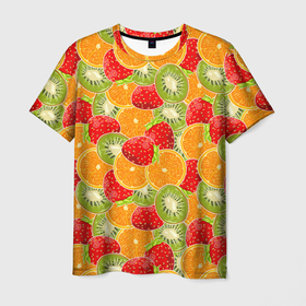 Мужская футболка 3D с принтом Сочные фрукты и ягоды , 100% полиэфир | прямой крой, круглый вырез горловины, длина до линии бедер | 