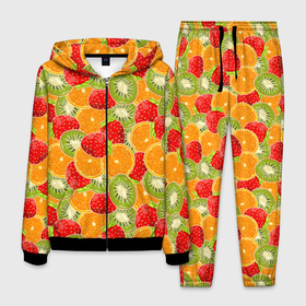 Мужской костюм 3D с принтом Сочные фрукты и ягоды в Курске, 100% полиэстер | Манжеты и пояс оформлены тканевой резинкой, двухслойный капюшон со шнурком для регулировки, карманы спереди | Тематика изображения на принте: 