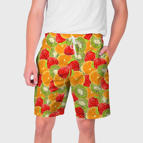 Мужские шорты 3D с принтом Сочные фрукты и ягоды в Тюмени,  полиэстер 100% | прямой крой, два кармана без застежек по бокам. Мягкая трикотажная резинка на поясе, внутри которой широкие завязки. Длина чуть выше колен | Тематика изображения на принте: 
