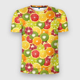 Мужская футболка 3D Slim с принтом Фон с экзотическими фруктами в Тюмени, 100% полиэстер с улучшенными характеристиками | приталенный силуэт, круглая горловина, широкие плечи, сужается к линии бедра | Тематика изображения на принте: 