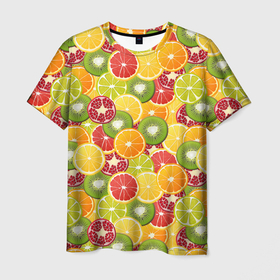 Мужская футболка 3D с принтом Фон с экзотическими фруктами в Тюмени, 100% полиэфир | прямой крой, круглый вырез горловины, длина до линии бедер | Тематика изображения на принте: 