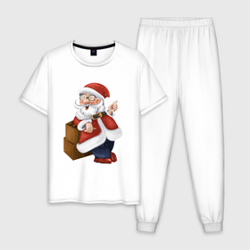 Мужская пижама хлопок с принтом Дед Мороз с бокалом вина , 100% хлопок | брюки и футболка прямого кроя, без карманов, на брюках мягкая резинка на поясе и по низу штанин
 | Тематика изображения на принте: 