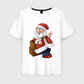 Мужская футболка хлопок Oversize с принтом Дед Мороз с бокалом вина в Петрозаводске, 100% хлопок | свободный крой, круглый ворот, “спинка” длиннее передней части | Тематика изображения на принте: 