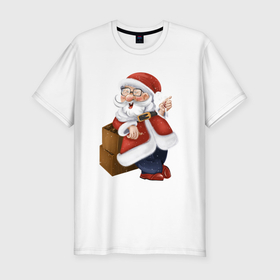 Мужская футболка хлопок Slim с принтом Дед Мороз с бокалом вина в Петрозаводске, 92% хлопок, 8% лайкра | приталенный силуэт, круглый вырез ворота, длина до линии бедра, короткий рукав | Тематика изображения на принте: 