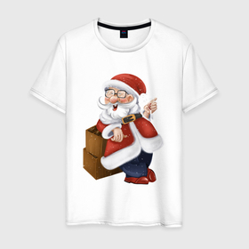 Мужская футболка хлопок с принтом Дед Мороз с бокалом вина в Петрозаводске, 100% хлопок | прямой крой, круглый вырез горловины, длина до линии бедер, слегка спущенное плечо. | Тематика изображения на принте: 