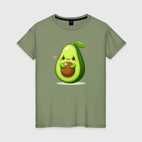 Женская футболка хлопок с принтом Милое авокадо с сердечком в Кировске, 100% хлопок | прямой крой, круглый вырез горловины, длина до линии бедер, слегка спущенное плечо | 