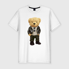 Мужская футболка хлопок Slim с принтом Плюшевый медвежонок крутой в Екатеринбурге, 92% хлопок, 8% лайкра | приталенный силуэт, круглый вырез ворота, длина до линии бедра, короткий рукав | 