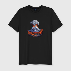 Мужская футболка хлопок Slim с принтом Извержение вулкана с лавой в Санкт-Петербурге, 92% хлопок, 8% лайкра | приталенный силуэт, круглый вырез ворота, длина до линии бедра, короткий рукав | 