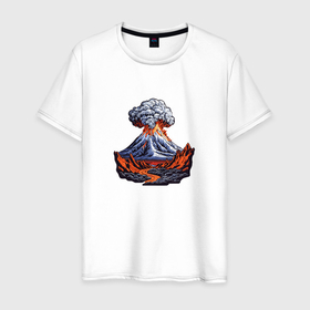 Мужская футболка хлопок с принтом Извержение вулкана с лавой , 100% хлопок | прямой крой, круглый вырез горловины, длина до линии бедер, слегка спущенное плечо. | Тематика изображения на принте: 