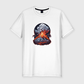 Мужская футболка хлопок Slim с принтом Извержение вулкана в джунглях в Новосибирске, 92% хлопок, 8% лайкра | приталенный силуэт, круглый вырез ворота, длина до линии бедра, короткий рукав | Тематика изображения на принте: 