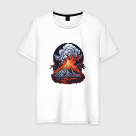 Мужская футболка хлопок с принтом Извержение вулкана в джунглях , 100% хлопок | прямой крой, круглый вырез горловины, длина до линии бедер, слегка спущенное плечо. | 