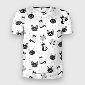 Мужская футболка 3D Slim с принтом Черно белые магические котики   паттерн в Петрозаводске, 100% полиэстер с улучшенными характеристиками | приталенный силуэт, круглая горловина, широкие плечи, сужается к линии бедра | 