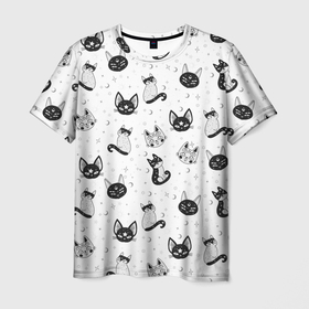 Мужская футболка 3D с принтом Черно белые магические котики   паттерн в Курске, 100% полиэфир | прямой крой, круглый вырез горловины, длина до линии бедер | 