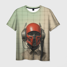 Мужская футболка 3D с принтом Человек в красном шлеме и наушниках , 100% полиэфир | прямой крой, круглый вырез горловины, длина до линии бедер | 