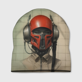 Шапка 3D с принтом Человек в красном шлеме и наушниках в Санкт-Петербурге, 100% полиэстер | универсальный размер, печать по всей поверхности изделия | 