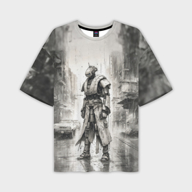 Мужская футболка oversize 3D с принтом Одинокий робот под дождём в Кировске,  |  | 