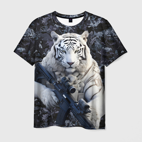 Мужская футболка 3D с принтом Белый тигр солдат в Санкт-Петербурге, 100% полиэфир | прямой крой, круглый вырез горловины, длина до линии бедер | 