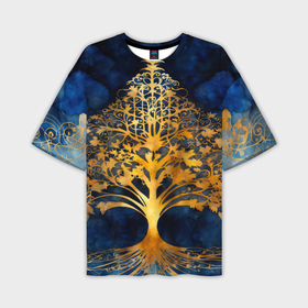 Мужская футболка oversize 3D с принтом Волшебное золотое дерево на синем фоне в Белгороде,  |  | Тематика изображения на принте: 