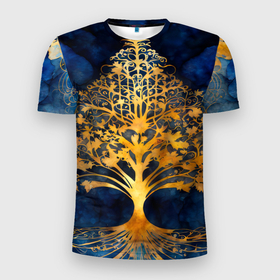 Мужская футболка 3D Slim с принтом Волшебное золотое дерево на синем фоне в Белгороде, 100% полиэстер с улучшенными характеристиками | приталенный силуэт, круглая горловина, широкие плечи, сужается к линии бедра | 