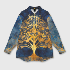 Мужская рубашка oversize 3D с принтом Волшебное золотое дерево на синем фоне в Белгороде,  |  | Тематика изображения на принте: 