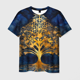 Мужская футболка 3D с принтом Волшебное золотое дерево на синем фоне в Белгороде, 100% полиэфир | прямой крой, круглый вырез горловины, длина до линии бедер | Тематика изображения на принте: 